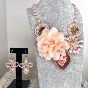 Elegant Pink Floral Necklace and Earring Set